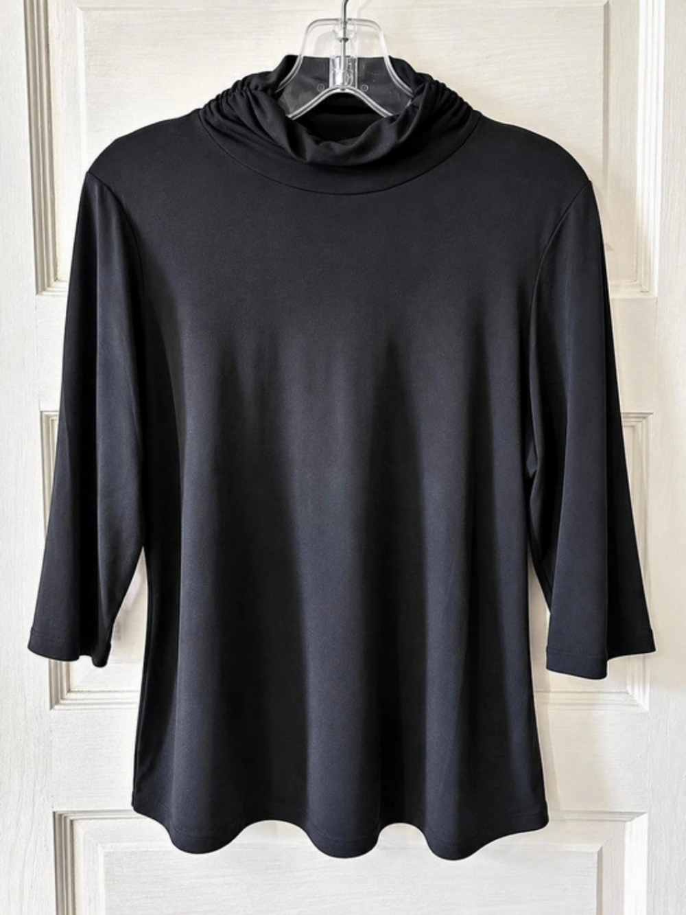 Alfani Petite P/L Black Slinky 3/4 Sleeve Mock Neck Tunic Top